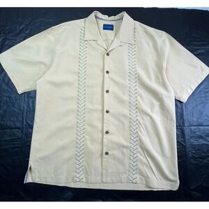 TOMMY BAHAMA Mens L Short Yellow Embroidered Silk Cotton Loop Collar